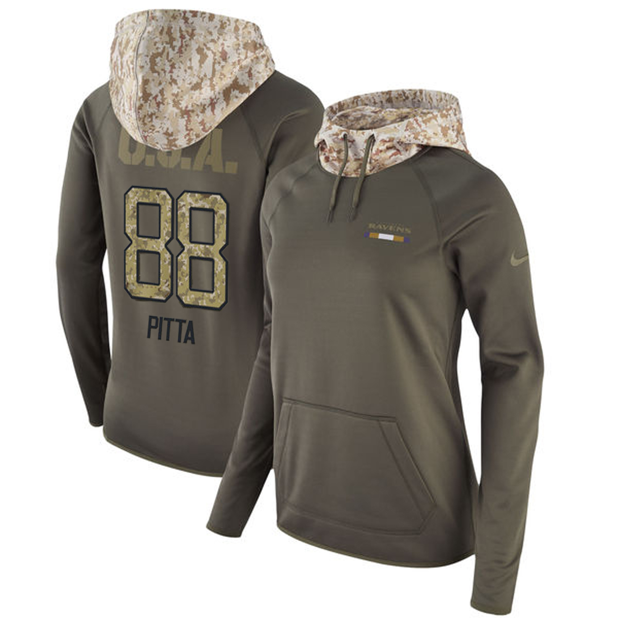 Nike Ravens 88 Dennis Pitta Olive Women Salute To Service Pullover Hoodie (1)